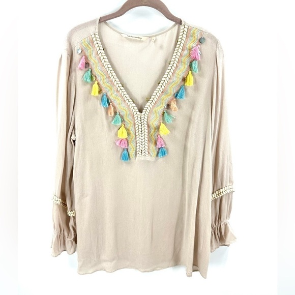 Soft Surroundings Clementine Tassel Tunic Top Womens Large Boho Beachy Gauze - Picture 2 of 13
